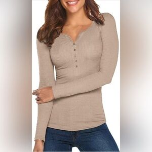 Tobrief Women's Small Henley Shirt Long Sleeve Ribbed Button Down Knit Top